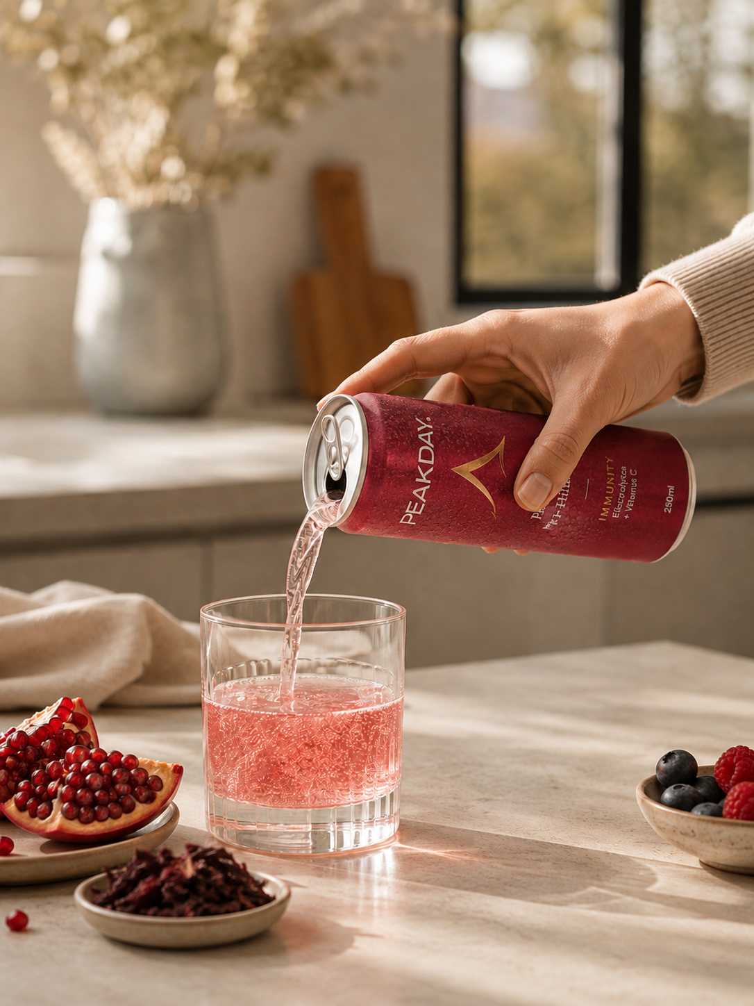 Peakday Immunity can pouring into a glass